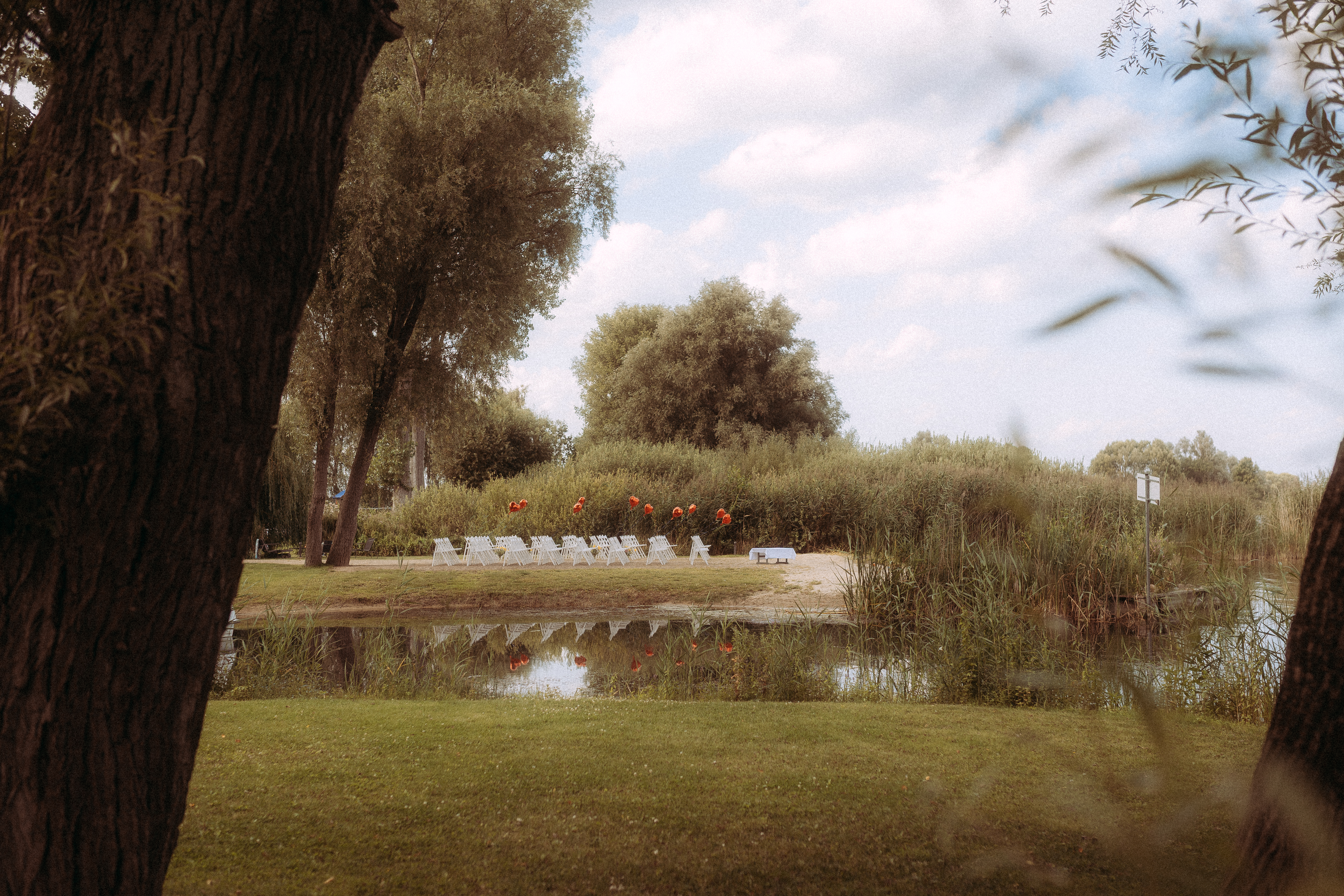 Idyllische Hochzeit am See mit Stühlen und rotem Blumenschmuck im Grünen