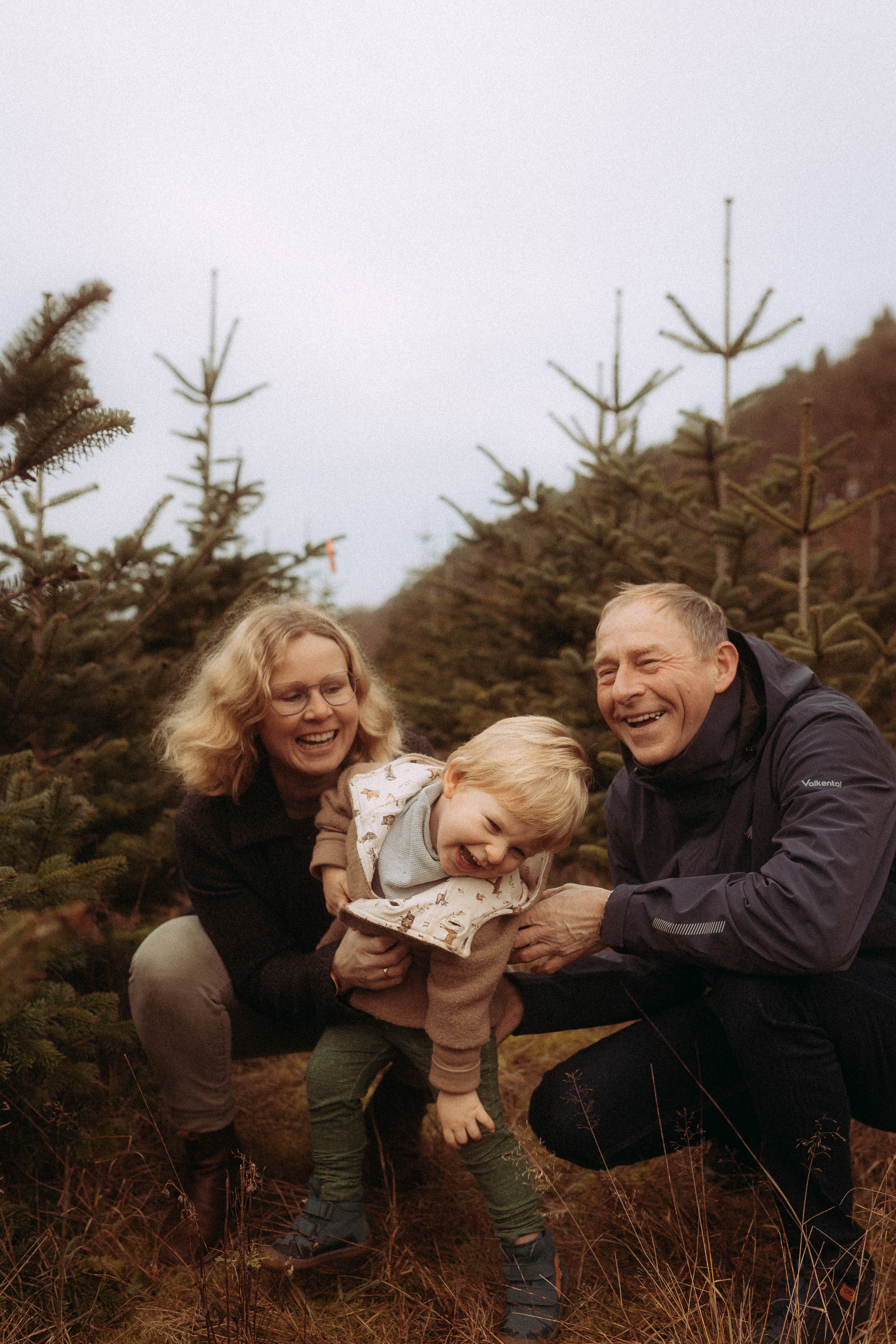 Lachende Familie mit kleinem Kind auf einer Weihnachtsbaumplantage.