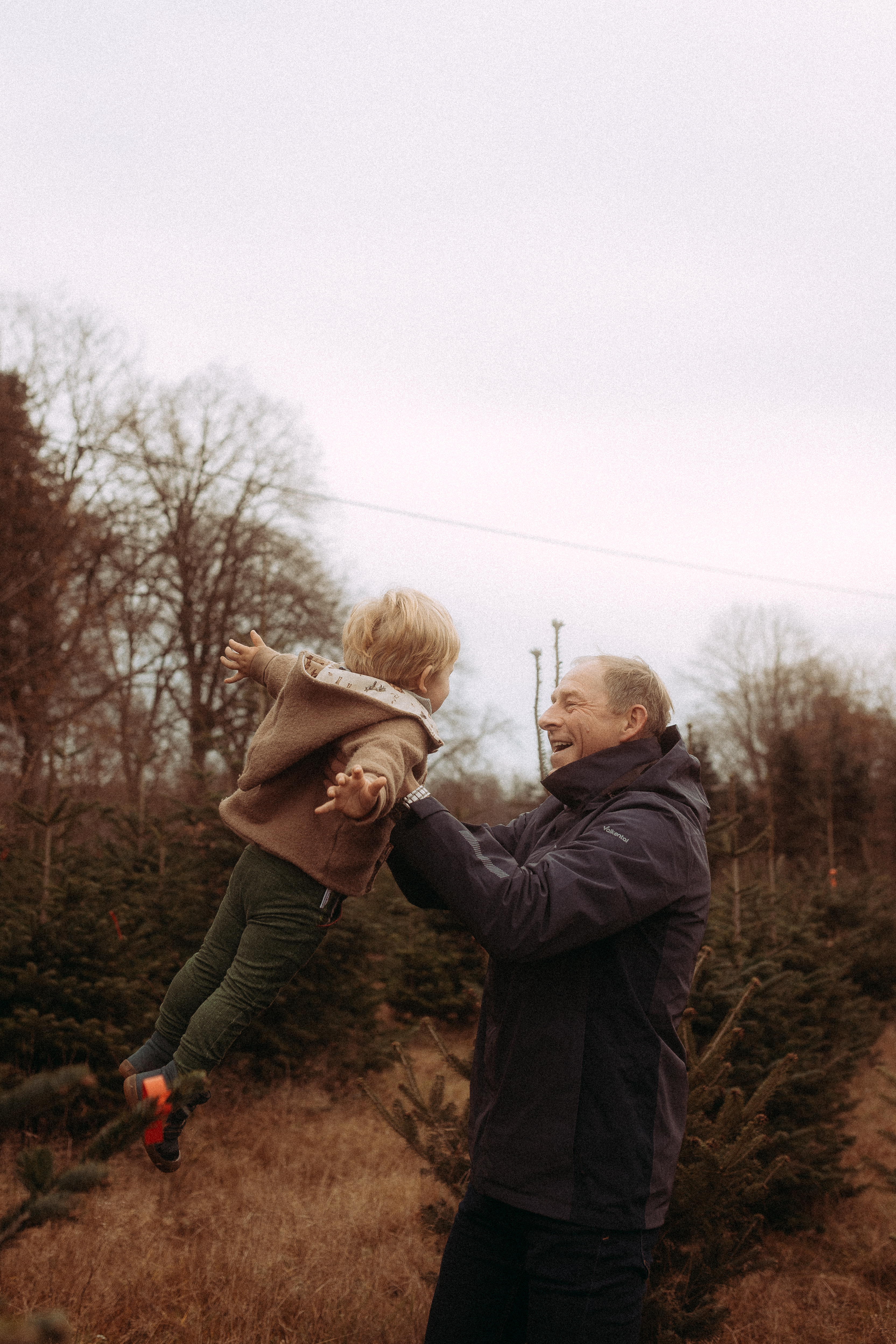 Lachender Vater hebt Kind hoch, Tannenbaum im Hintergrund. Familienfotos.
