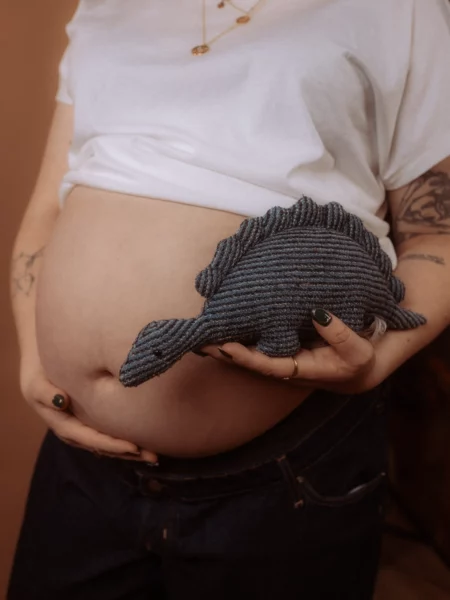 Schwangerschaftsbauch mit Dinosaurier Stofftier