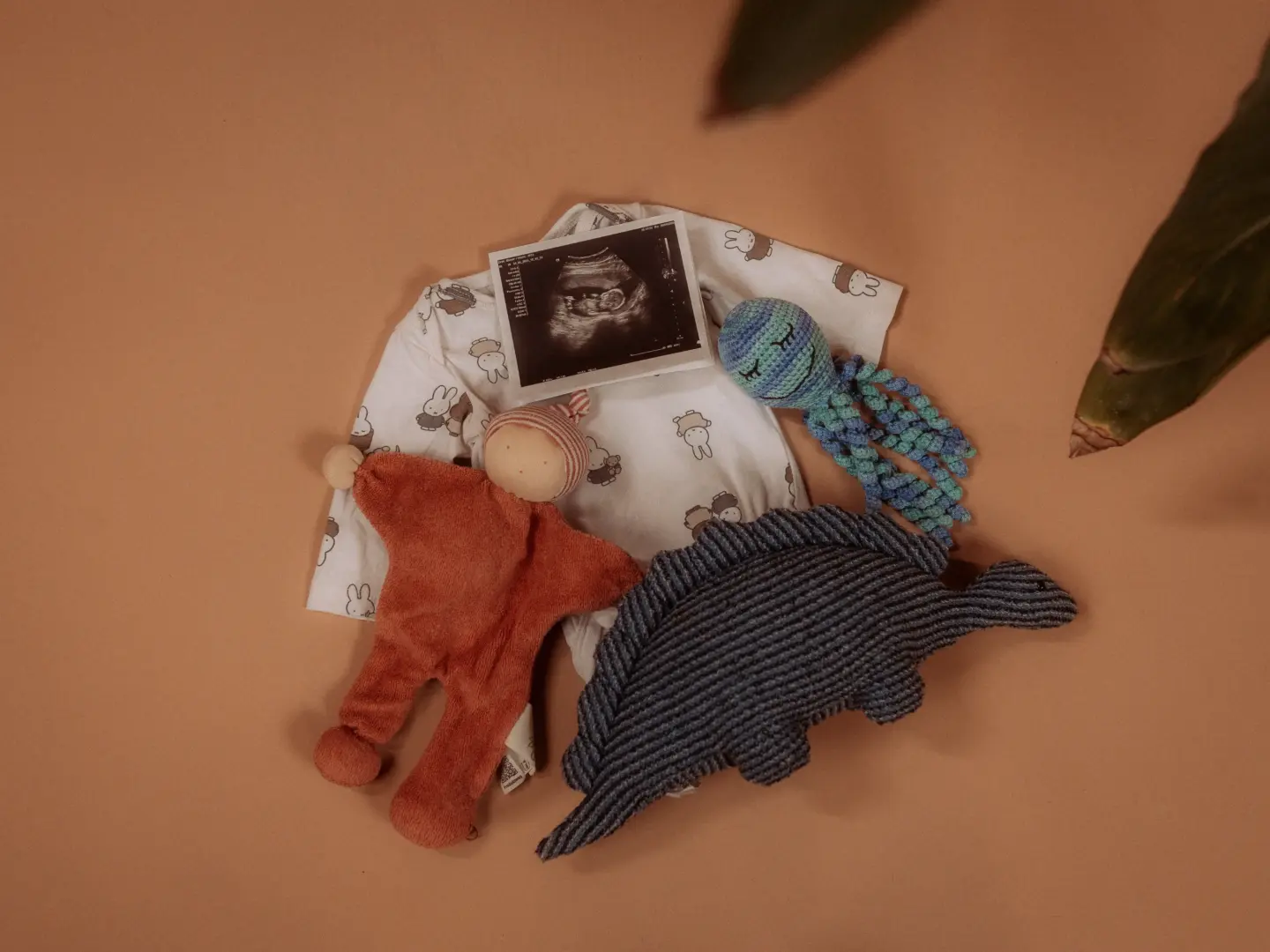 Ein Ultraschallbild liegt auf einem weißen Baby-Body mit Miffy-Muster, umgeben von einem kleinen Stofftier-Männchen, einem gehäkelten blauen Oktopus und einem grauen Dinosaurier-Kuscheltier auf beigem Hintergrund – eine liebevolle Ankündigung für werdende Eltern.