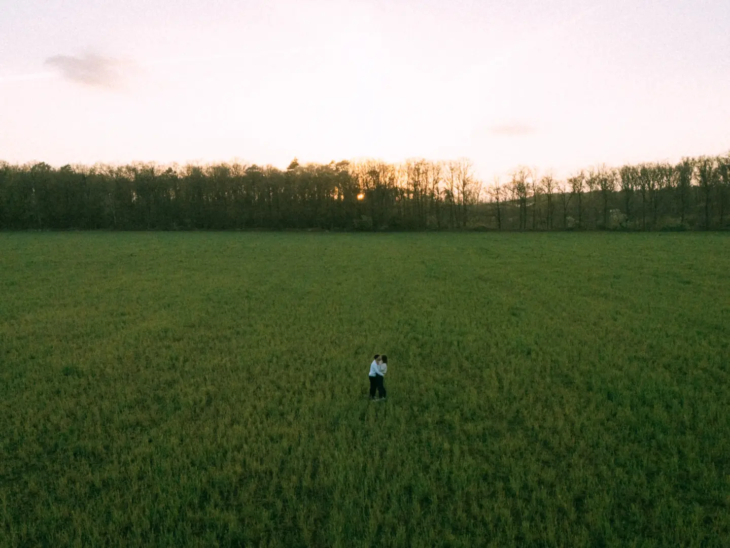 Ein verliebtes Paar steht sich in einer weiten, grünen Wiese gegenüber, während die untergehende Sonne hinter einer Baumreihe am Horizont ein warmes Licht wirft. Die Aufnahme aus der Vogelperspektive fängt einen intimen Moment ein. Lovestory Fotograf in Schwerin und MV.