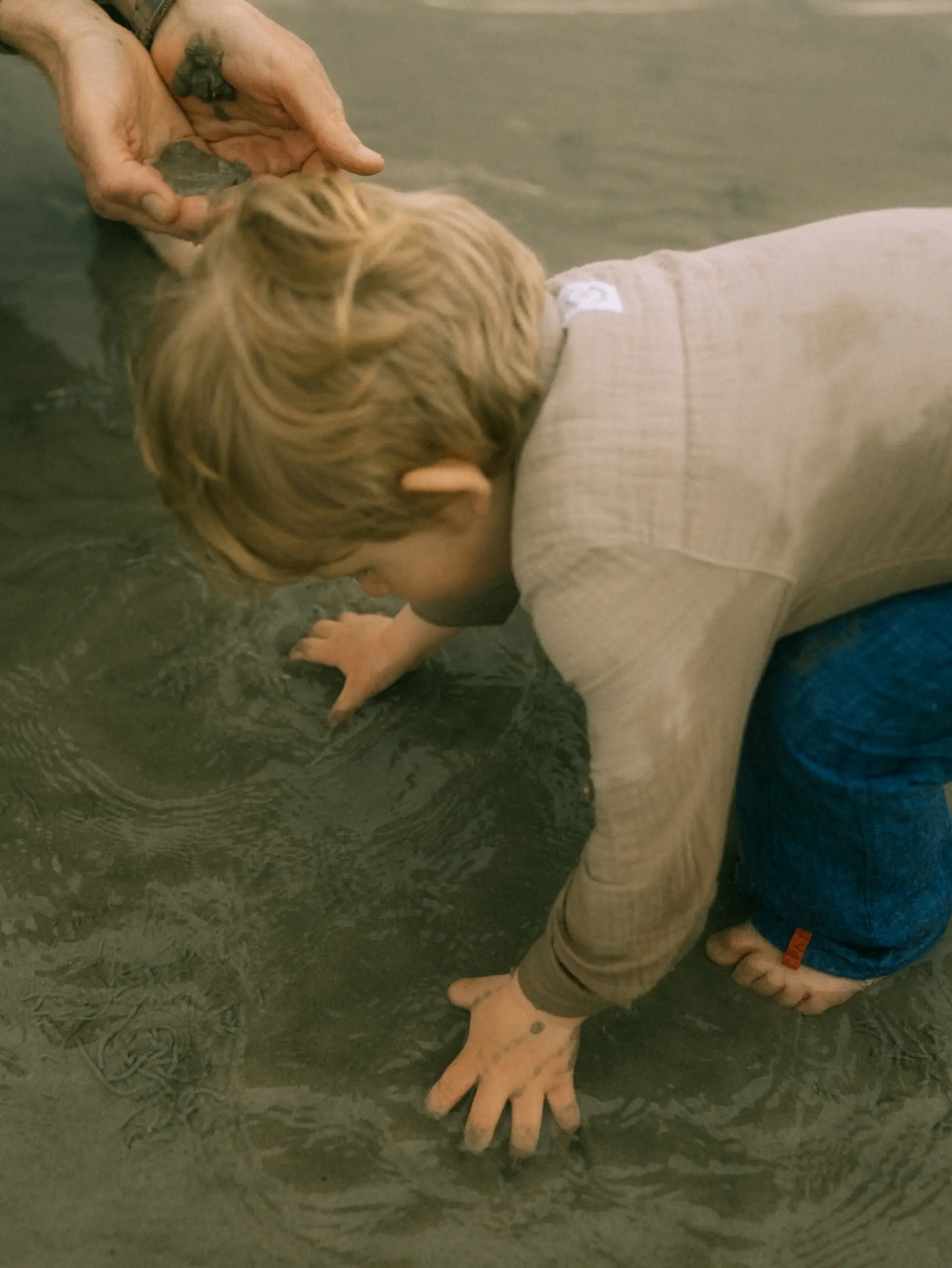 Ein kleines Kind mit blondem Haar spielt barfuß im flachen Wasser am Strand, während ein Erwachsener daneben im Sand gräbt. Die emotionale Aufnahme fängt einen natürlichen Moment voller Entdeckerfreude ein, perfekt festgehalten von einem Familienfotograf in Schwerin.