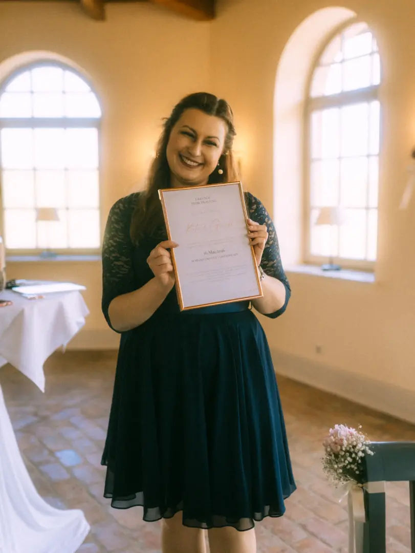 Eine strahlende Frau in einem dunkelblauen Spitzenkleid hält lächelnd eine Urkunde zur „Freien Trauung“ von Kati & Guido am 16. Mai 2026 im Schloss und Gut Ulrichshusen in die Kamera. Ein herzlicher Moment, eingefangen von einem Hochzeitsfotograf in Schwerin und MV.