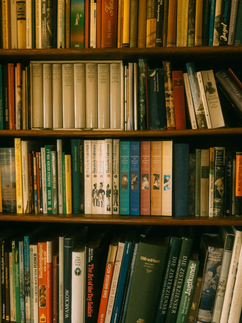 Ein vollgepacktes Bücherregal mit drei Ebenen, gefüllt mit einer vielfältigen Sammlung aus Romanen, historischen Werken, Kochbüchern und Fachliteratur. Die Buchrücken in verschiedenen Farben, Formaten und Stilen stehen dicht aneinandergereiht und verleihen dem Regal eine gemütliche Atmosphäre.