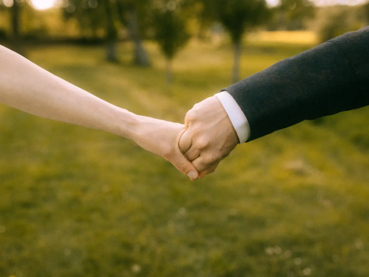 Ein Brautpaar hält sich zärtlich an den Händen in einer sommerlichen Naturkulisse. Die Nahaufnahme der ineinander verschränkten Hände symbolisiert Verbundenheit und Liebe, perfekt eingefangen von einem Lovestory Fotograf in Schwerin und MV.