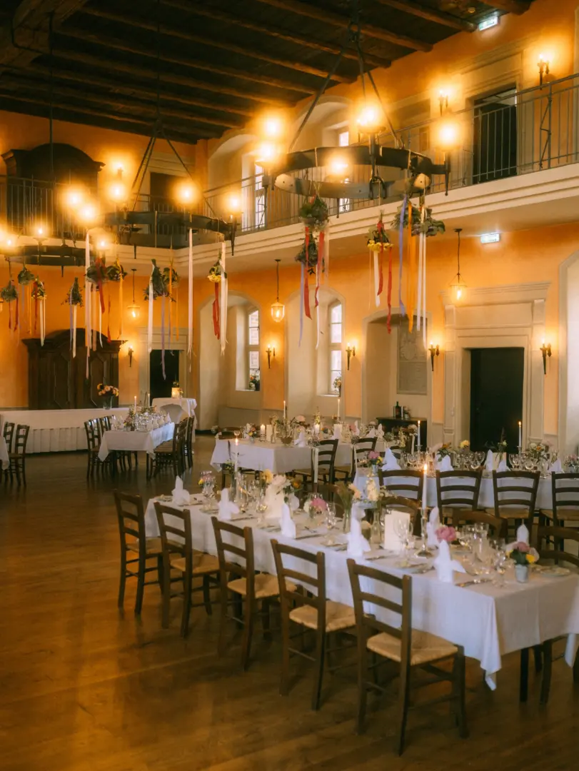 Festlich gedeckte Hochzeitstafeln in einem historischen Saal mit hohen Decken, warmem Licht, rustikalen Holzbalken und eleganten Kronleuchtern. Die Dekoration mit Blumen und bunten Bändern schafft eine einladende Atmosphäre. Hochzeitsfotograf in Schwerin und MV.