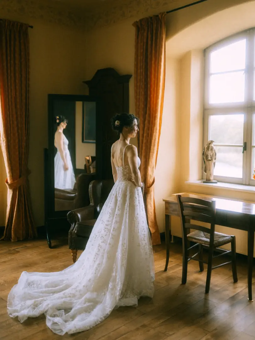 Eine Braut in einem eleganten, bestickten Hochzeitskleid steht in einem sonnendurchfluteten Zimmer vor einem Spiegel und blickt aus dem Fenster. Das Ambiente wirkt zeitlos und romantisch, perfekt eingefangen von einem Hochzeitsfotograf in Schwerin und MV.