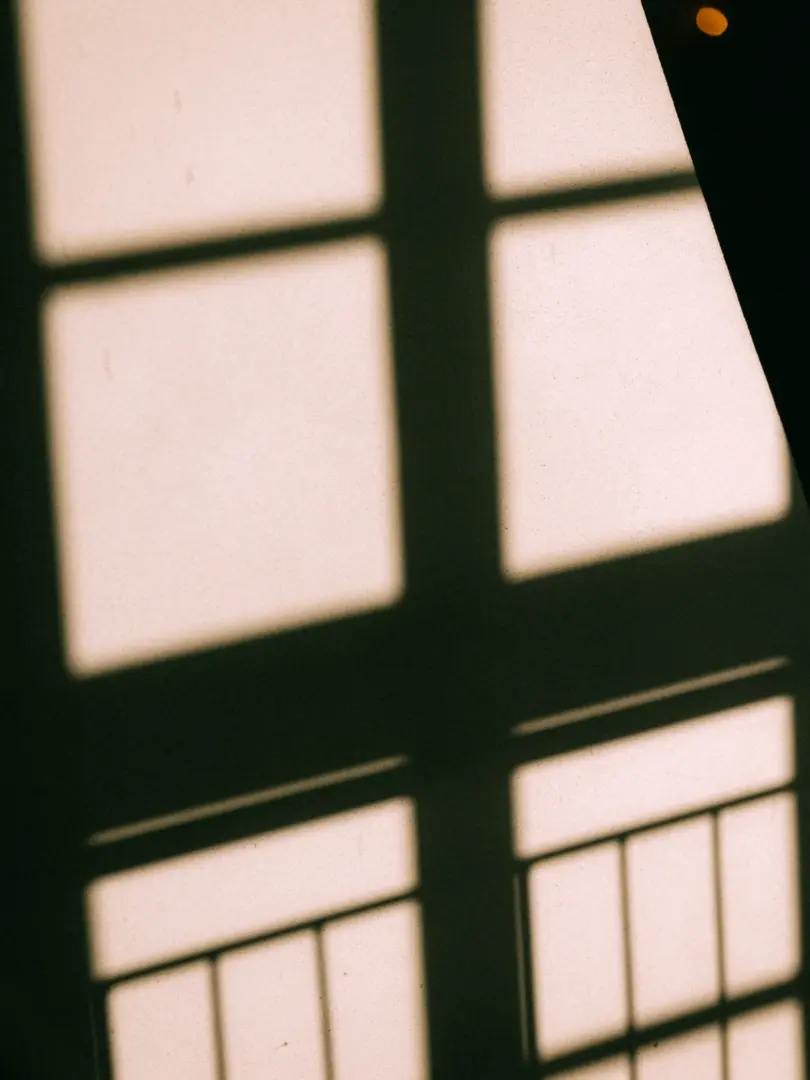 Schattenwurf eines Fensters mit Sprossen auf einer hellen Wand, der ein grafisches, minimalistisches Muster erzeugt und eine ruhige, ästhetische Atmosphäre schafft. Ein stilvolles Detail, wie es oft bei einem Fotostudio in Schwerin zu finden ist.