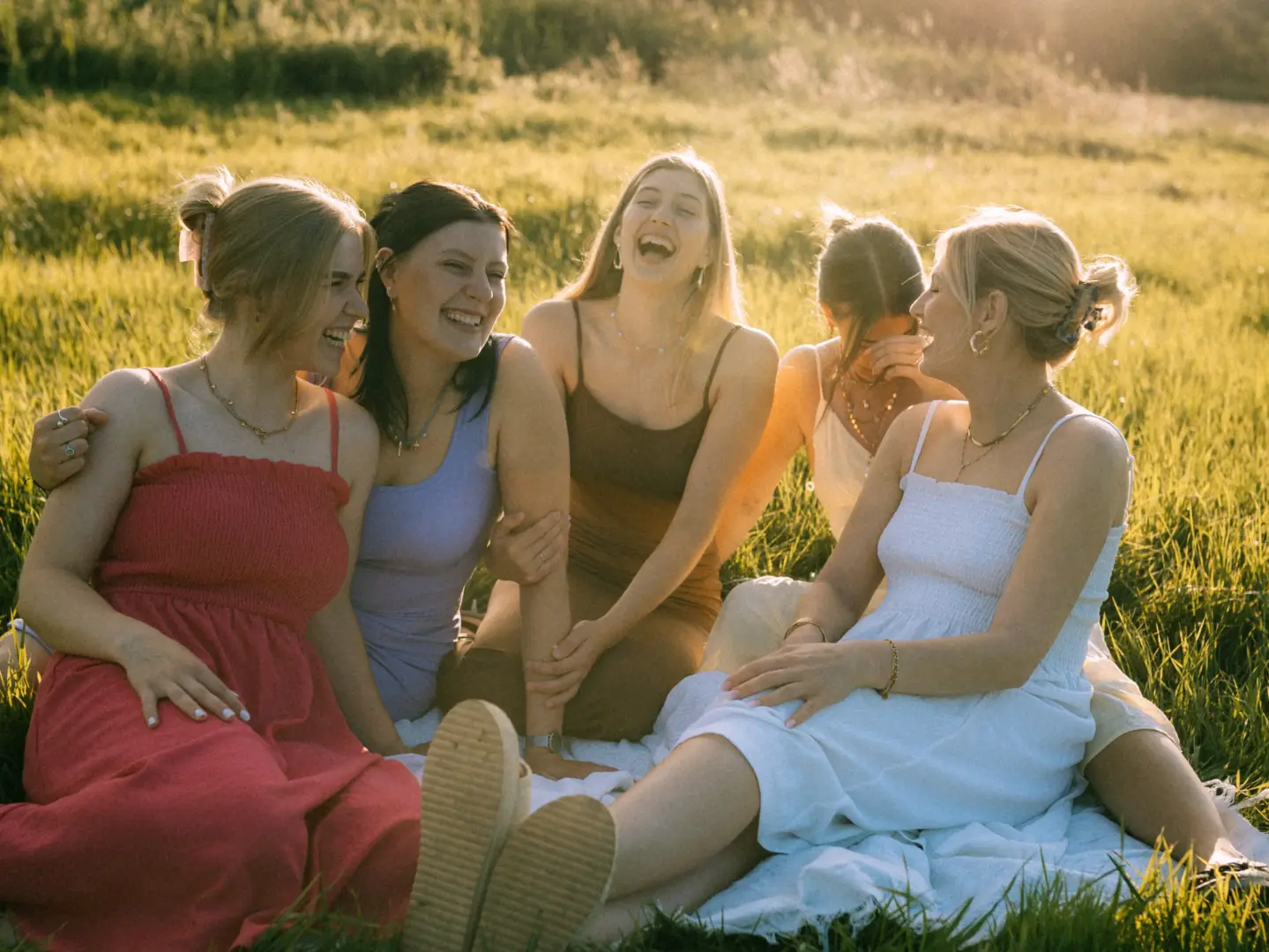 Fünf junge Frauen lachen gemeinsam bei einem Picknick auf einer sonnigen Wiese im goldenen Licht. Sie tragen sommerliche Kleider in Pink, Flieder, Braun und Weiß und sitzen entspannt auf einer Picknickdecke. Eine authentische Aufnahme für den Fotograf für Familien in Schwerin.