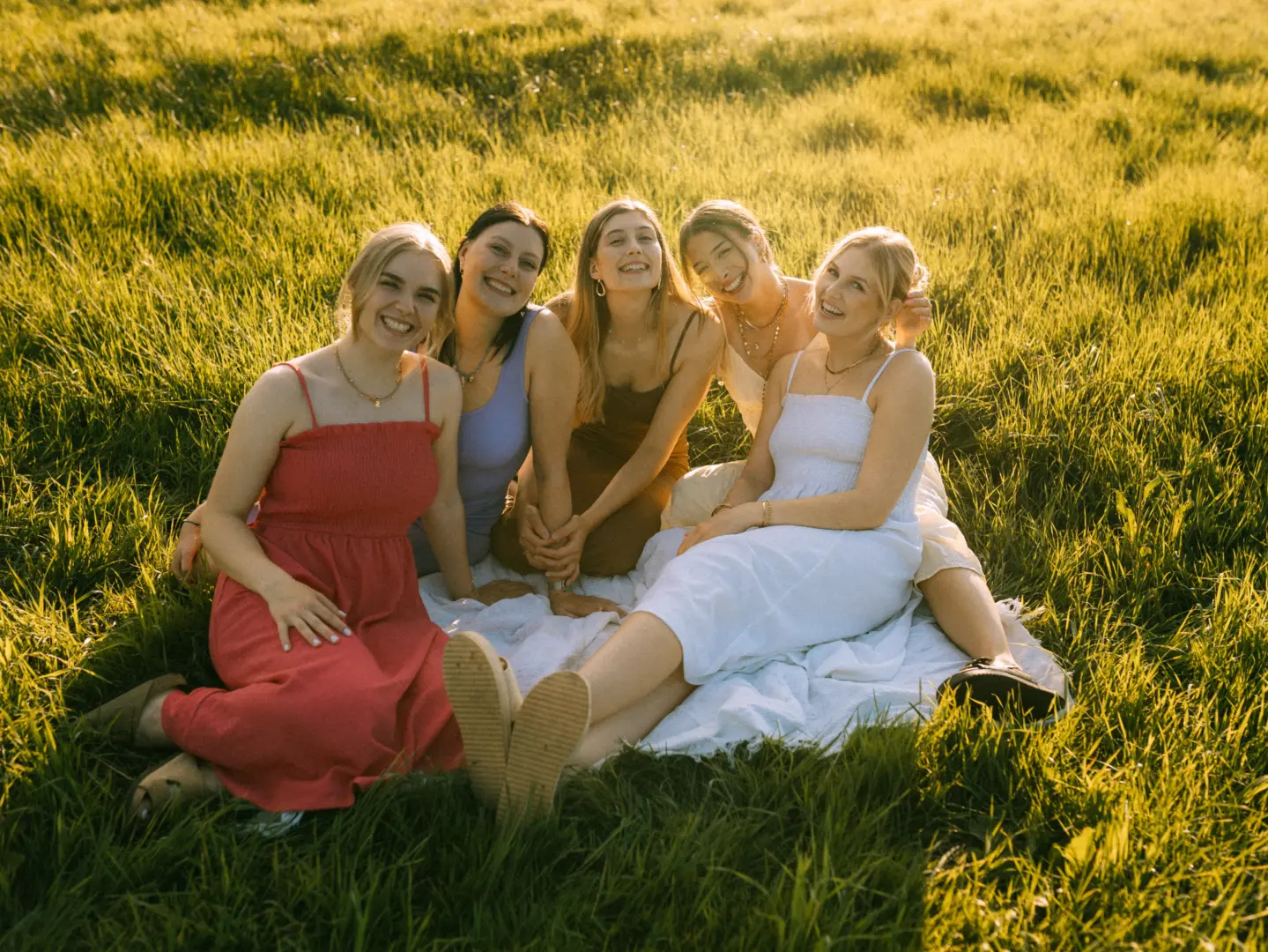 Fünf glückliche junge Frauen sitzen gemeinsam auf einer Picknickdecke in einer sonnendurchfluteten Wiese. Die Freundinnen lachen in die Kamera, während das warme Licht der goldenen Stunde eine fröhliche Stimmung erzeugt. Professionelle Fotos wie diese bietet Ihr Fotograf für Familien in Schwerin.