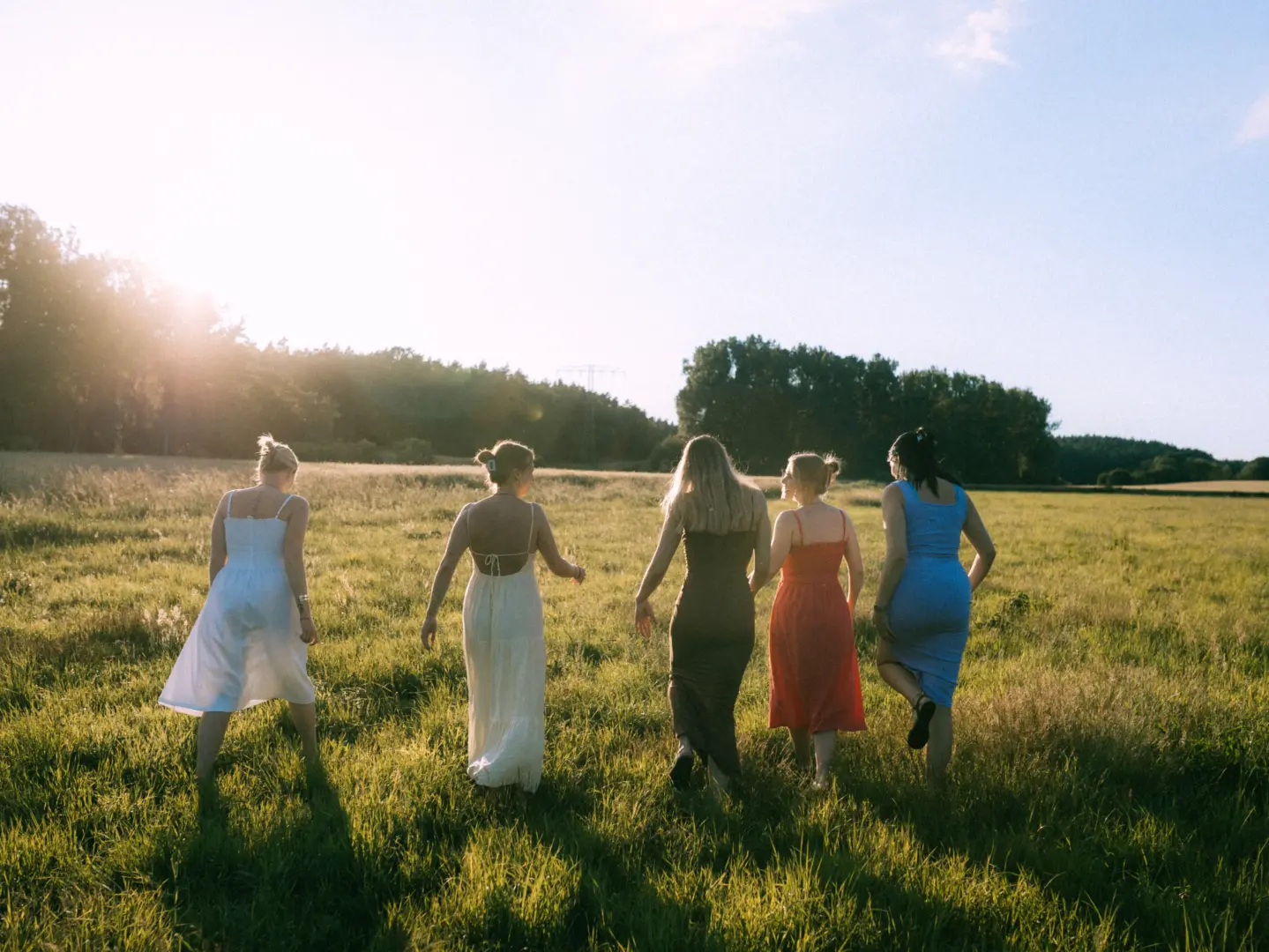 Fünf junge Frauen in sommerlichen Kleidern spazieren bei goldenem Sonnenuntergang gemeinsam durch ein hohes Grasfeld. Die warme Abendstimmung unterstreicht diesen besonderen Moment, eingefangen von einem Hochzeitsfotograf in Schwerin und MV.
