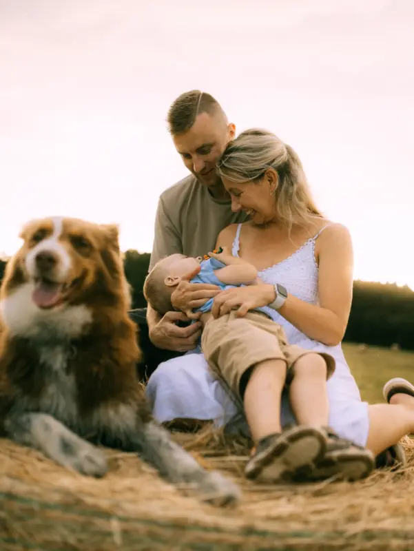 Ein glückliches Paar mit ihrem kleinen Sohn und ihrem Hund beim gemeinsamen Spielen auf einem Heuballen im Freien. Die Familie genießt einen entspannten Moment in der Natur. Fotograf für Familien in Schwerin.